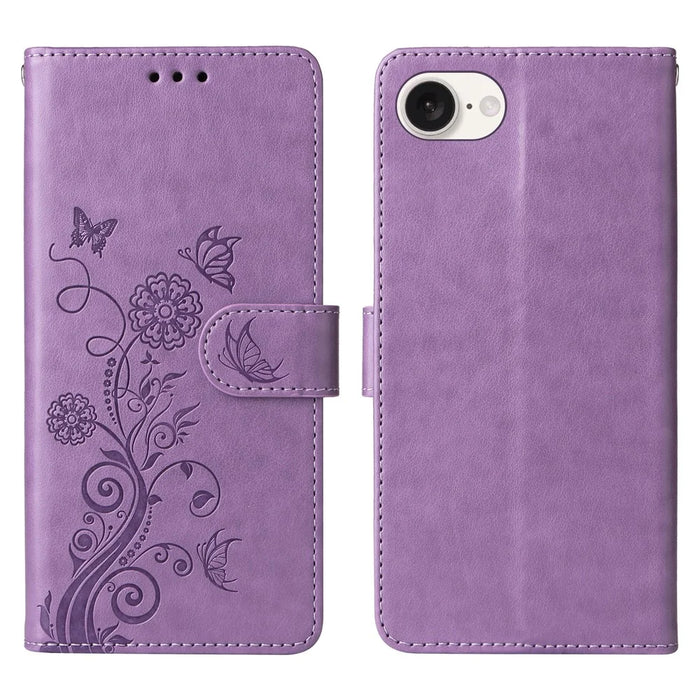 For iPhone 17e / 16e Case Butterfly Floral Imprint Wallet Stand Leather Phone Cover - Purple - 1