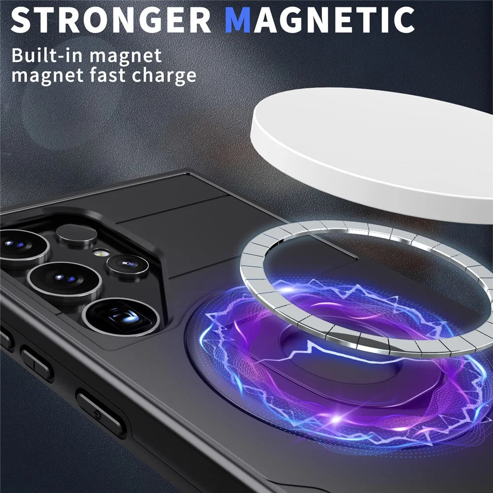 For Samsung Galaxy S25 Ultra Magnetic Case Slide Camshield TPU + PC Kickstand Phone Cover - Black - 2