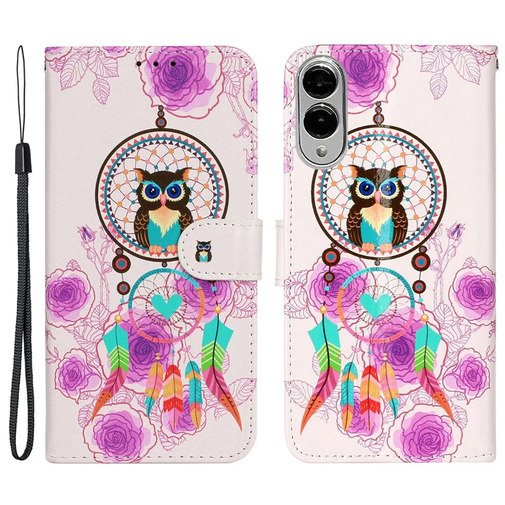 For Samsung Galaxy S25 Edge Case Pattern Leather Wallet Phone Cover with Card Holder - Wind Chime Owl - 1