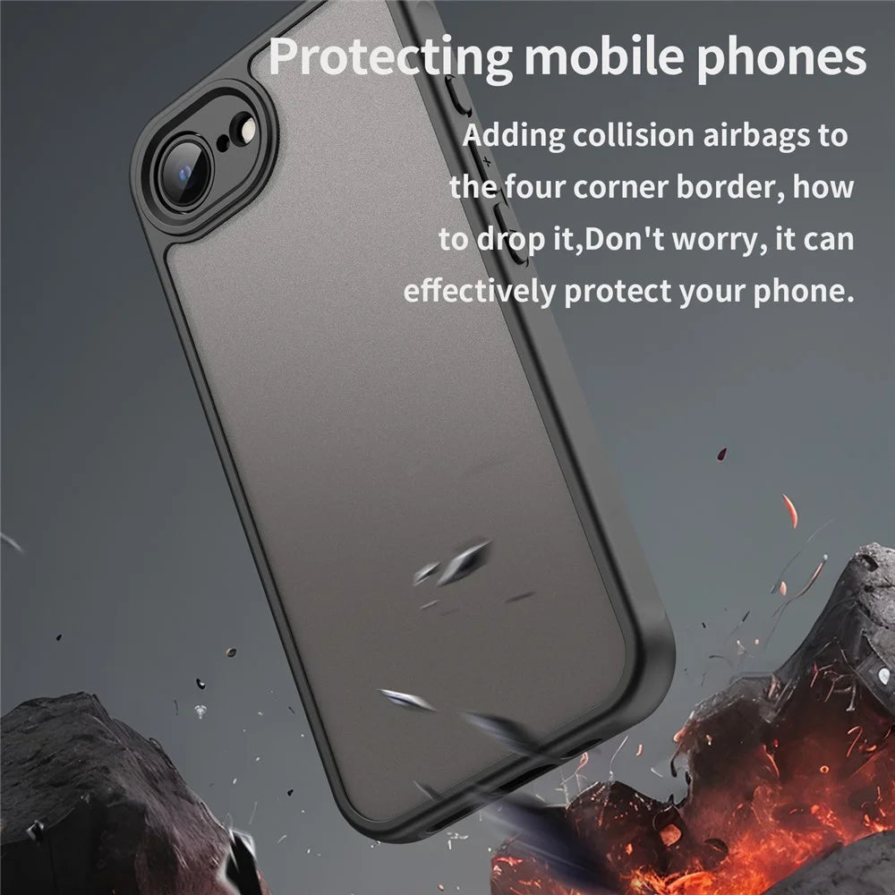 For iPhone 17e / 16e Case Drop Proof Airbags Frosted Translucent PC + TPU Phone Back Cover - Black - 4