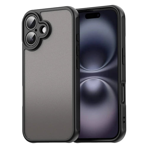 For iPhone 16 Case Drop Proof Airbags Frosted Translucent PC + TPU Phone Back Cover - Black - 1