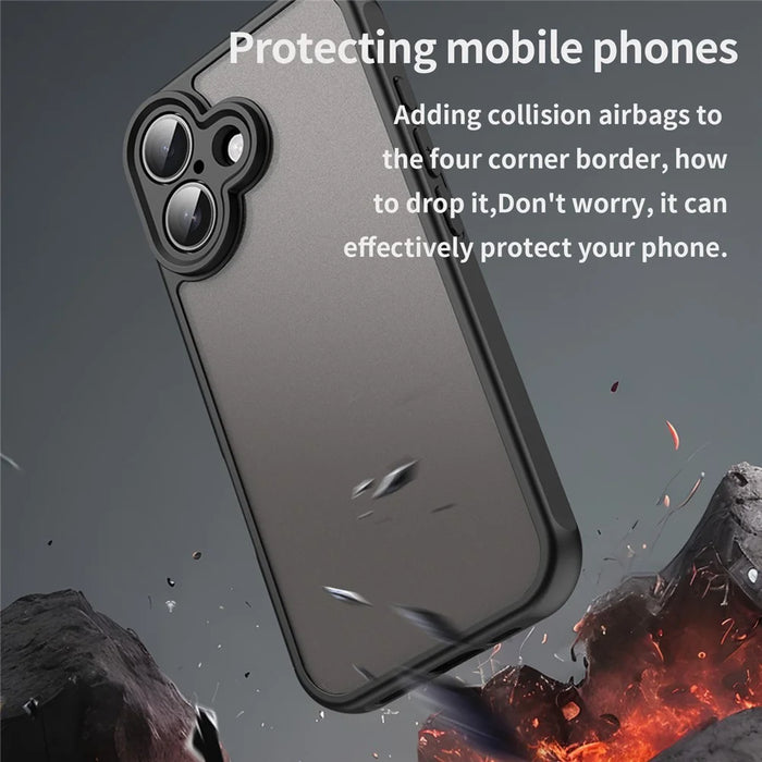 For iPhone 16 Case Drop Proof Airbags Frosted Translucent PC + TPU Phone Back Cover - Black - 4