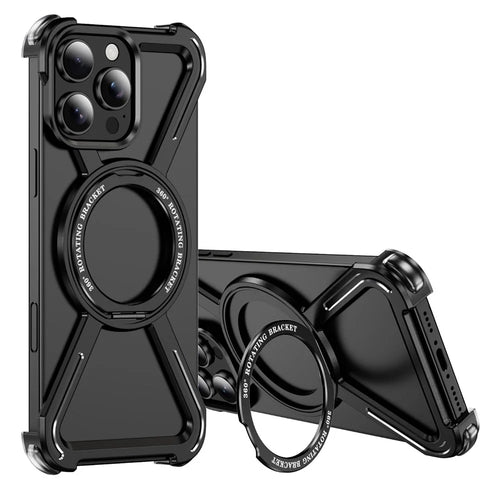 For iPhone 16 Pro Max Magnetic Case Military Grade Anti Drop 360° Rotating Kickstand Titanium Alloy Bumper Phone Cover - Black - 1