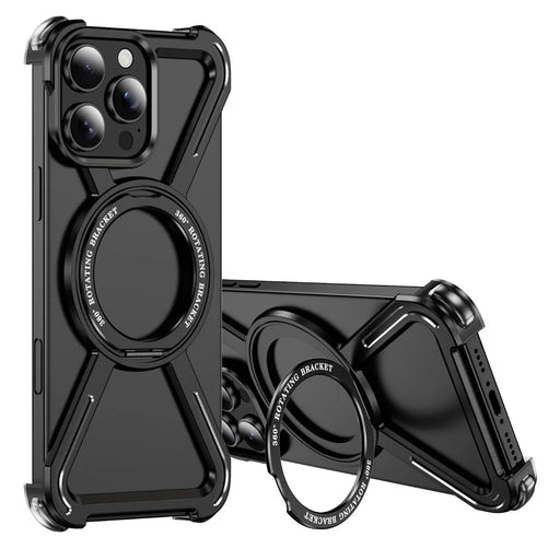 For iPhone 16 Pro Max Magnetic Case Military Grade Anti Drop 360° Rotating Kickstand Titanium Alloy Bumper Phone Cover - Black - 1