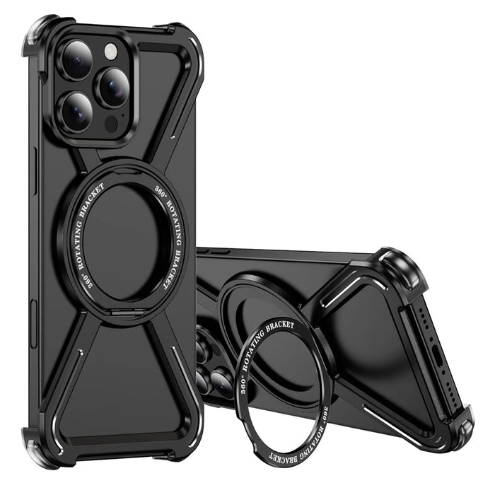 For iPhone 16 Pro Max Magnetic Case Military Grade Anti Drop 360° Rotating Kickstand Titanium Alloy Bumper Phone Cover - Black - 1