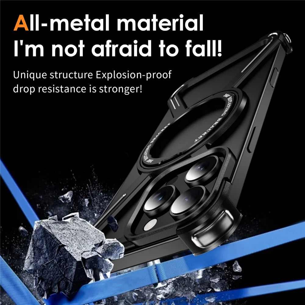 For iPhone 16 Pro Max Magnetic Case Military Grade Anti Drop 360° Rotating Kickstand Titanium Alloy Bumper Phone Cover - Black - 2