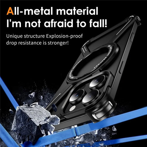 For iPhone 16 Pro Max Magnetic Case Military Grade Anti Drop 360° Rotating Kickstand Titanium Alloy Bumper Phone Cover - Black - 2