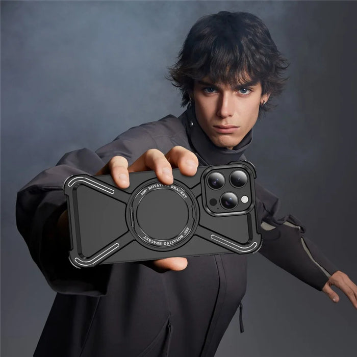 For iPhone 16 Pro Max Magnetic Case Military Grade Anti Drop 360° Rotating Kickstand Titanium Alloy Bumper Phone Cover - Black - 3