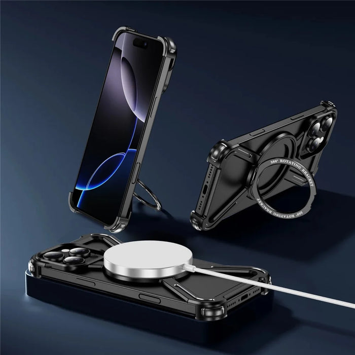 For iPhone 16 Pro Max Magnetic Case Military Grade Anti Drop 360° Rotating Kickstand Titanium Alloy Bumper Phone Cover - Black - 5