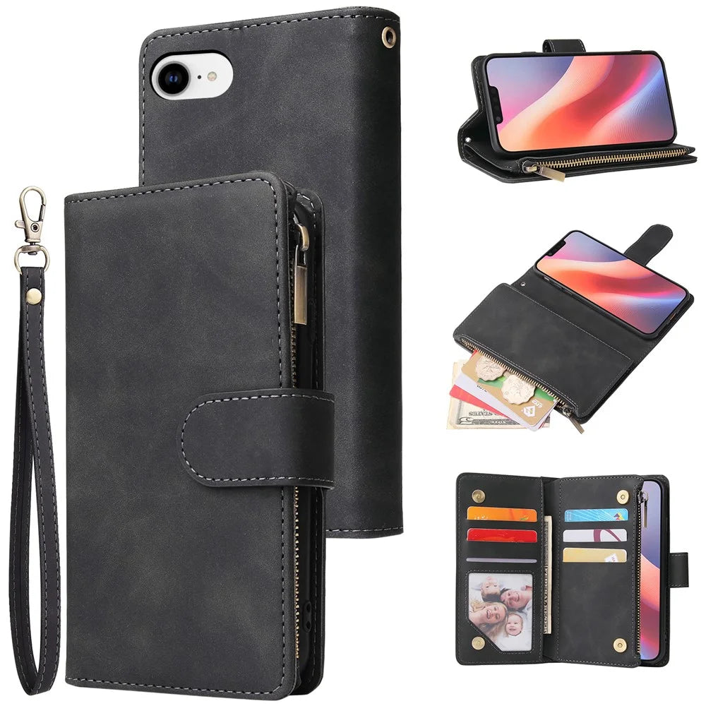 For iPhone 17e / 16e Case Zipper Wallet Multiple Card Slots Leather Phone Cover - Black - 1