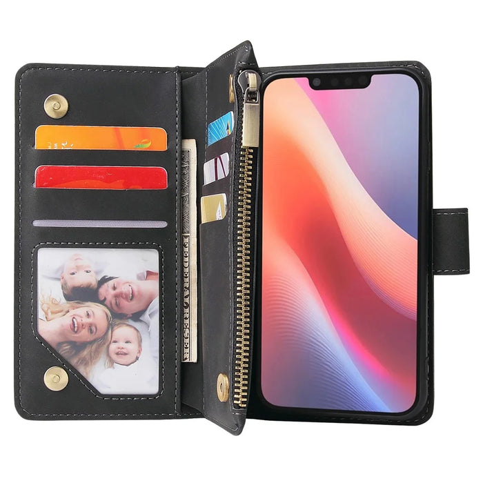 For iPhone 17e / 16e Case Zipper Wallet Multiple Card Slots Leather Phone Cover - Black - 3