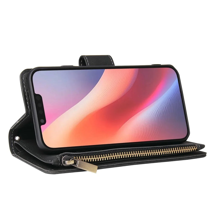 For iPhone 17e / 16e Case Zipper Wallet Multiple Card Slots Leather Phone Cover - Black - 4