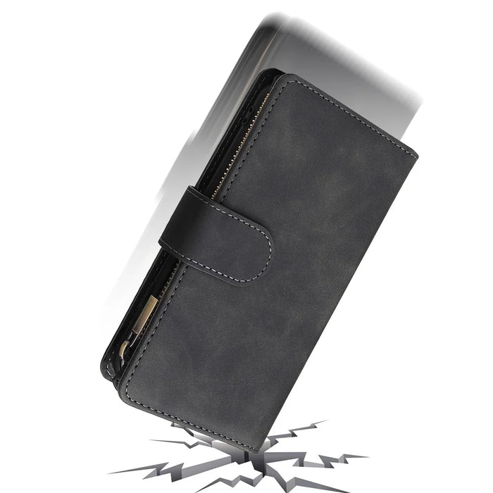 For iPhone 17e / 16e Case Zipper Wallet Multiple Card Slots Leather Phone Cover - Black - 6