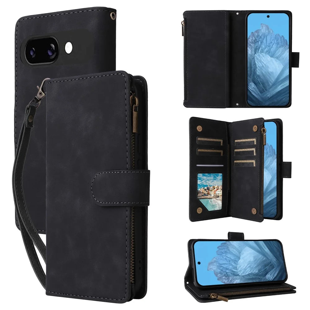For Google Pixel 9a Case Zipper Wallet Multiple Card Slots Leather Phone Cover - Black - 1