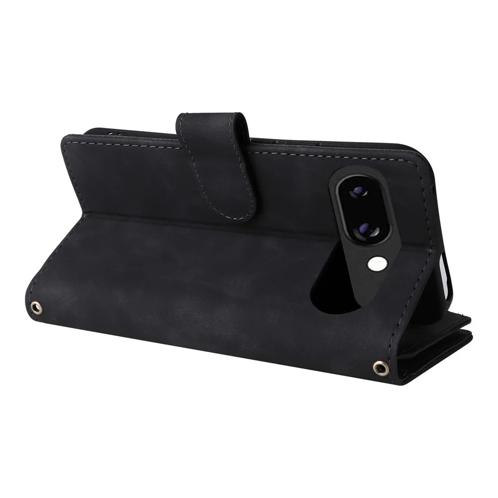 For Google Pixel 9a Case Zipper Wallet Multiple Card Slots Leather Phone Cover - Black - 5