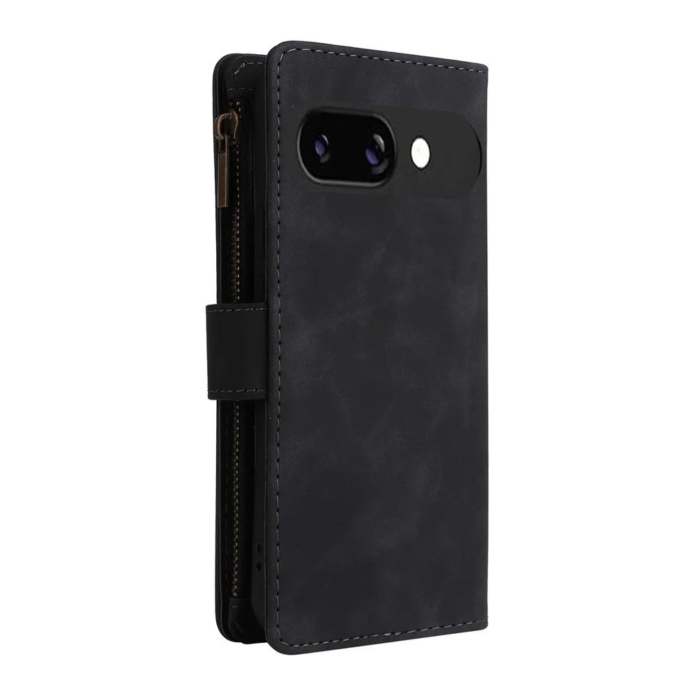 For Google Pixel 9a Case Zipper Wallet Multiple Card Slots Leather Phone Cover - Black - 7