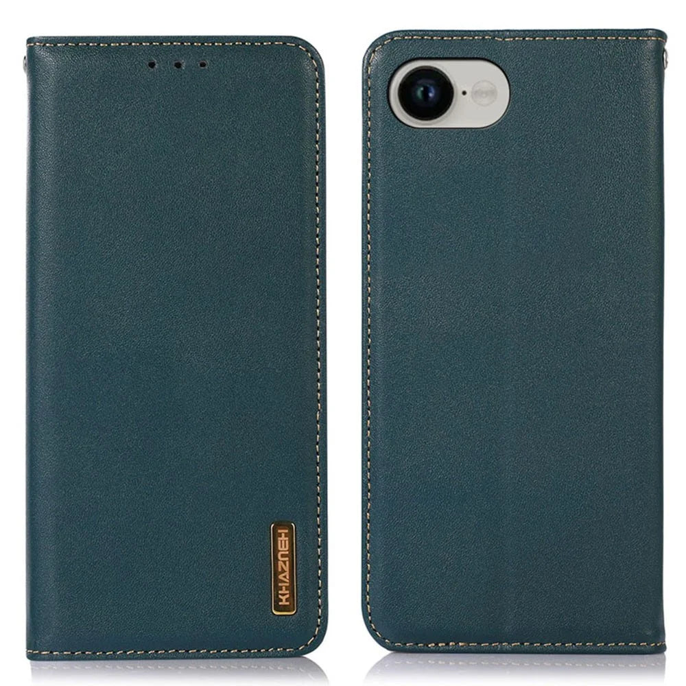 KHAZNEH For iPhone 17e / 16e Case Wallet Genuine Cow Leather Phone Cover Nappa Texture - Green - 1