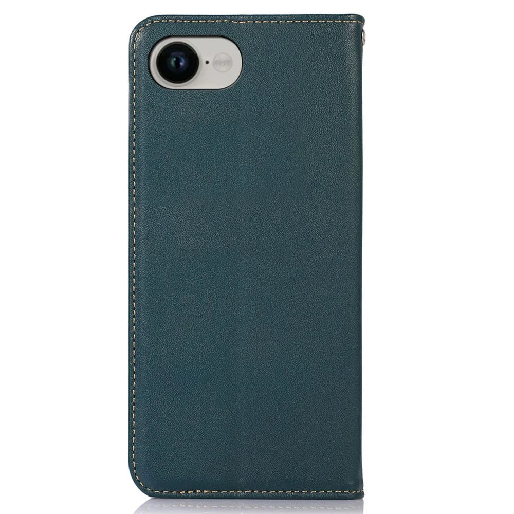KHAZNEH For iPhone 17e / 16e Case Wallet Genuine Cow Leather Phone Cover Nappa Texture - Green - 7