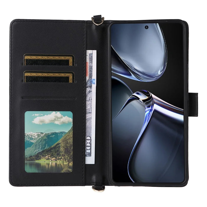 For Asus Zenfone 12 Ultra 5G Wallet Case with Shoulder / Wrist Strap Leather Phone Cover Stand - Black - 6
