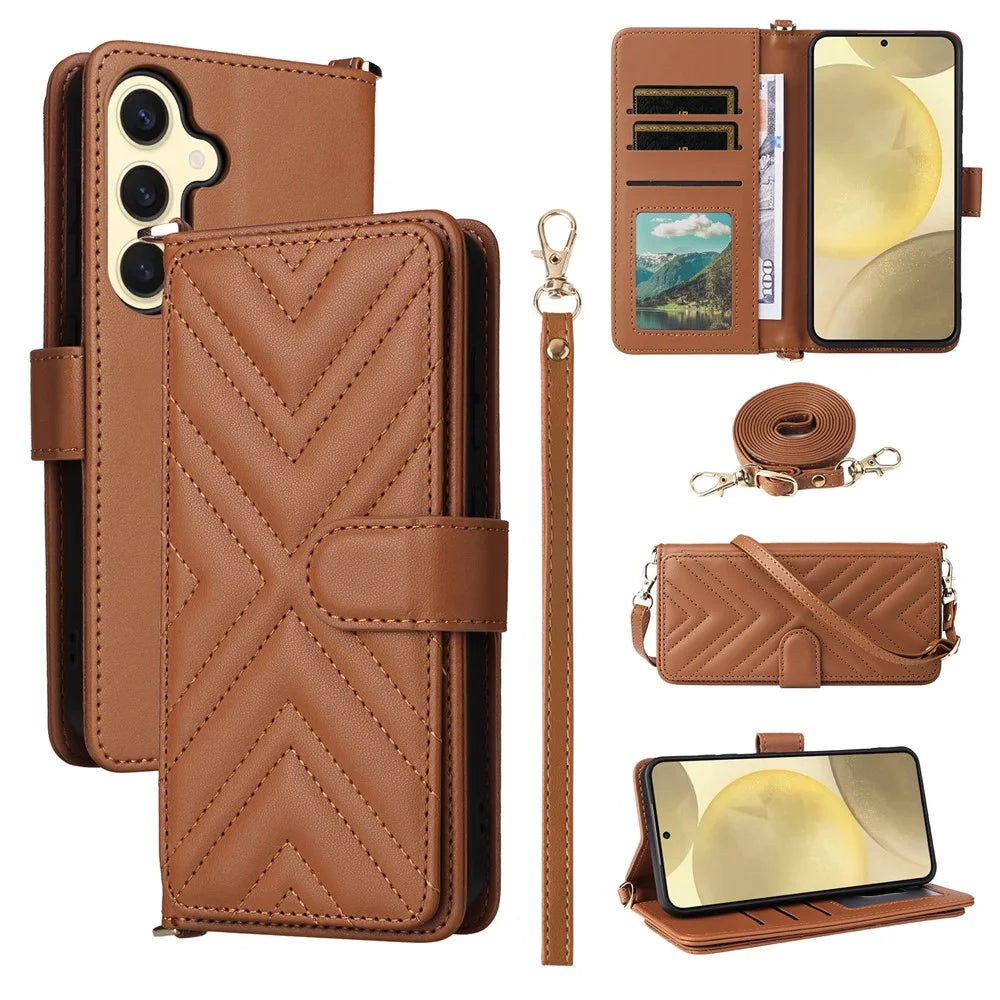 For Samsung Galaxy S24+ Wallet Case with Shoulder / Wrist Strap Leather Phone Cover Stand - Brown - 1