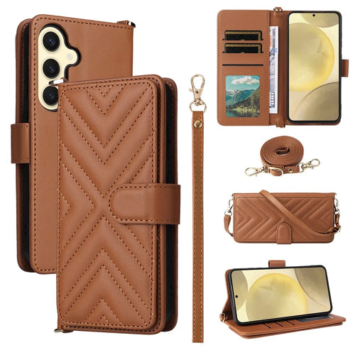For Samsung Galaxy S24+ Wallet Case with Shoulder / Wrist Strap Leather Phone Cover Stand - Brown - 1
