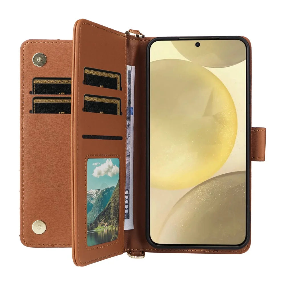 For Samsung Galaxy S24+ Wallet Case with Shoulder / Wrist Strap Leather Phone Cover Stand - Brown - 2