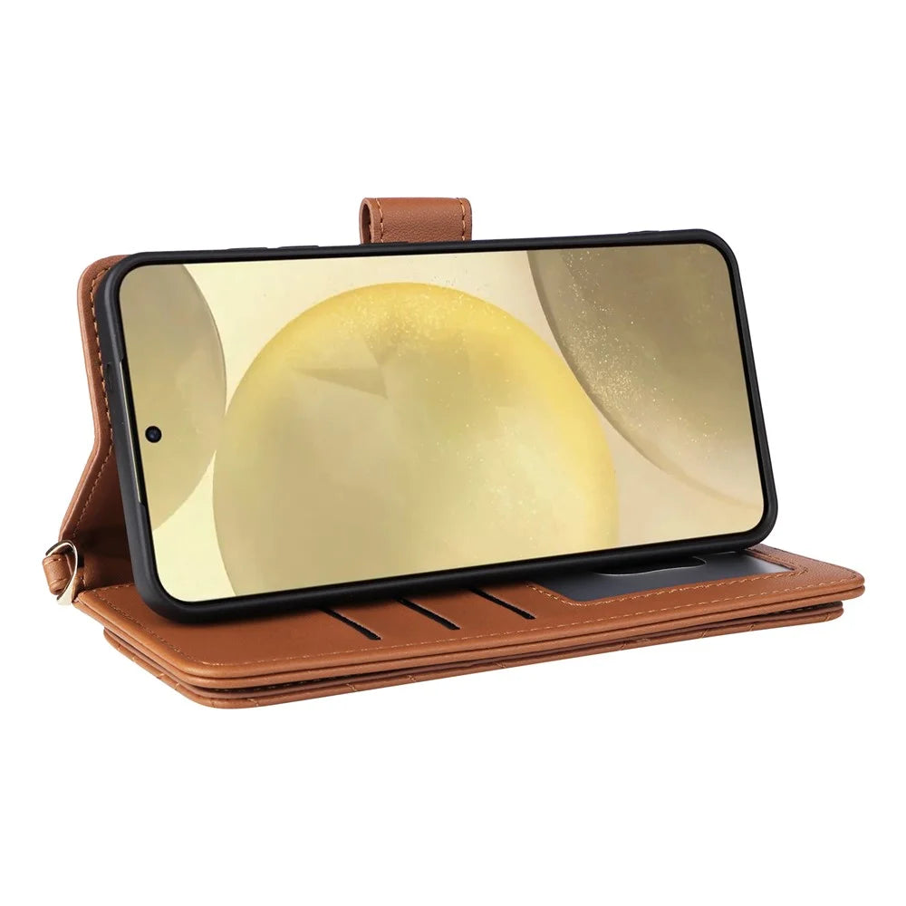 For Samsung Galaxy S24+ Wallet Case with Shoulder / Wrist Strap Leather Phone Cover Stand - Brown - 3