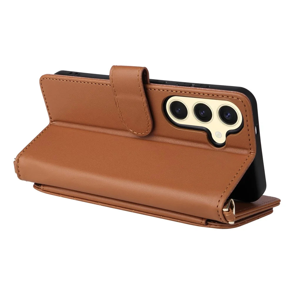 For Samsung Galaxy S24+ Wallet Case with Shoulder / Wrist Strap Leather Phone Cover Stand - Brown - 4