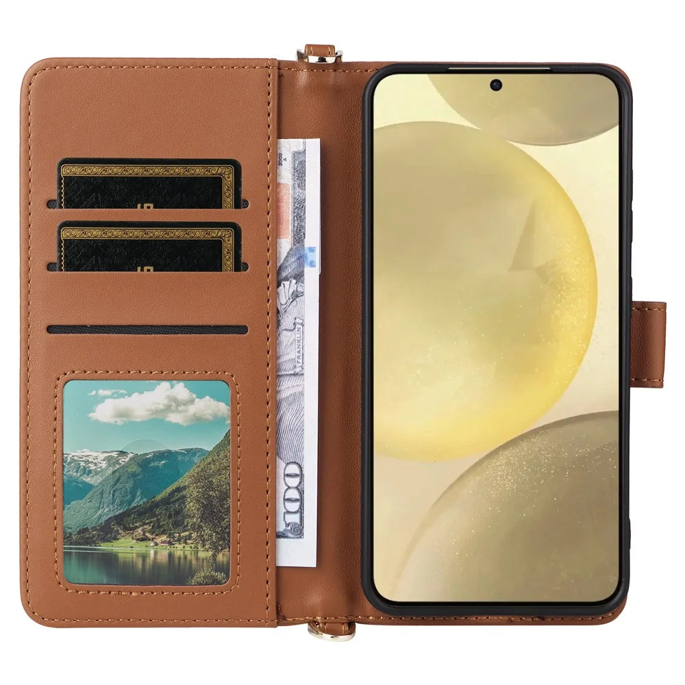 For Samsung Galaxy S24+ Wallet Case with Shoulder / Wrist Strap Leather Phone Cover Stand - Brown - 6