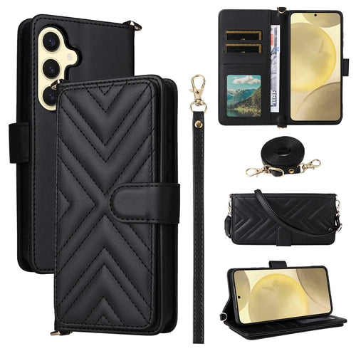 For Samsung Galaxy S24 Wallet Case with Shoulder / Wrist Strap Leather Phone Cover Stand - Black - 1