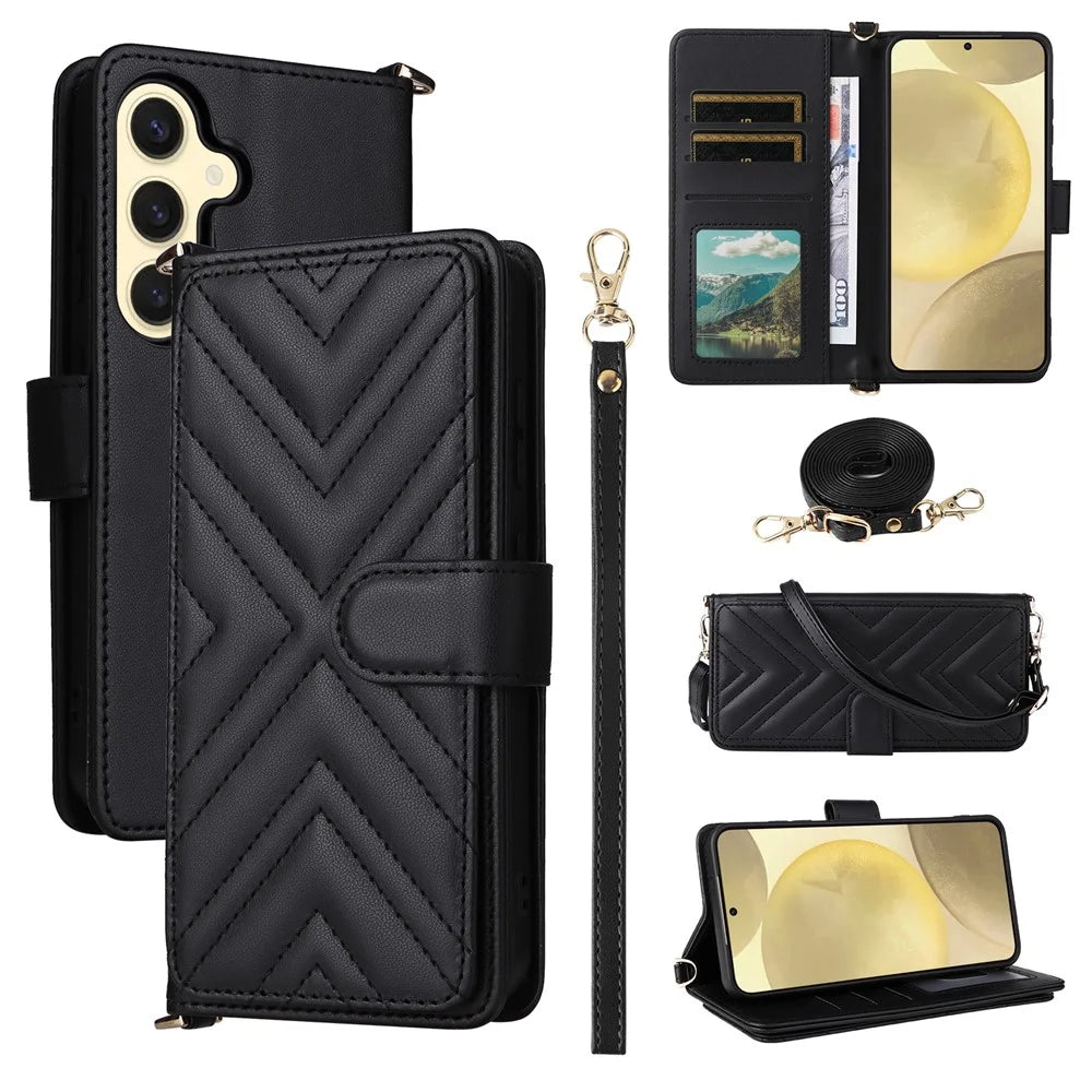 For Samsung Galaxy S24 Wallet Case with Shoulder / Wrist Strap Leather Phone Cover Stand - Black - 1