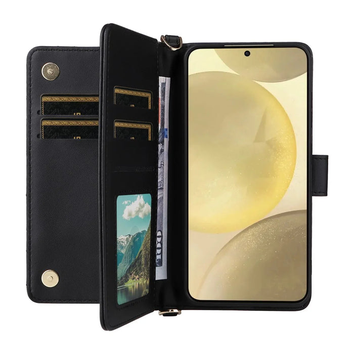 For Samsung Galaxy S24 Wallet Case with Shoulder / Wrist Strap Leather Phone Cover Stand - Black - 2