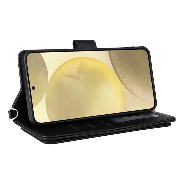 For Samsung Galaxy S24 Wallet Case with Shoulder / Wrist Strap Leather Phone Cover Stand - Black - 3