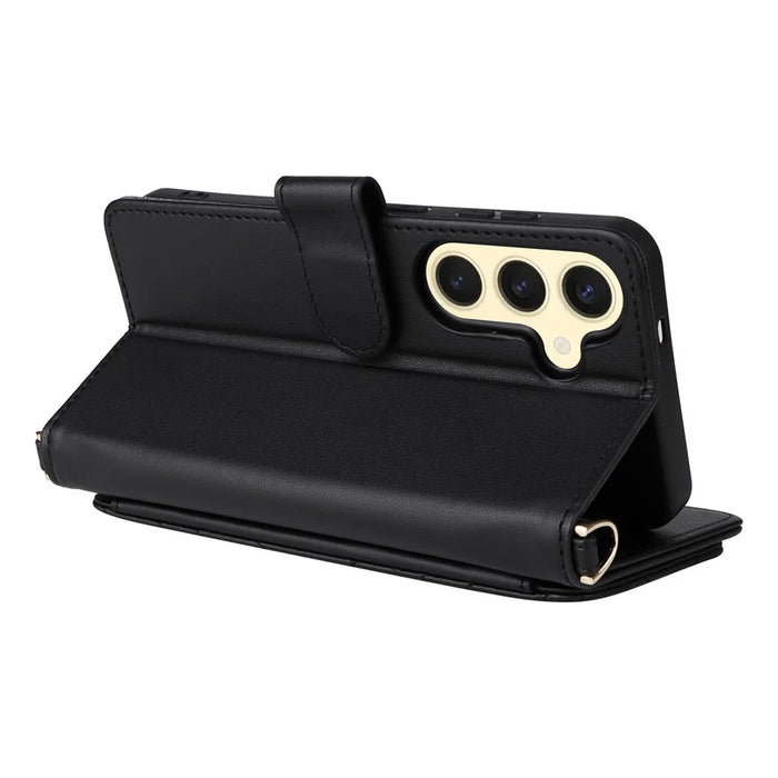 For Samsung Galaxy S24 Wallet Case with Shoulder / Wrist Strap Leather Phone Cover Stand - Black - 4