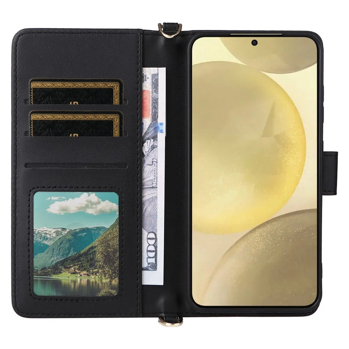 For Samsung Galaxy S24 Wallet Case with Shoulder / Wrist Strap Leather Phone Cover Stand - Black - 6