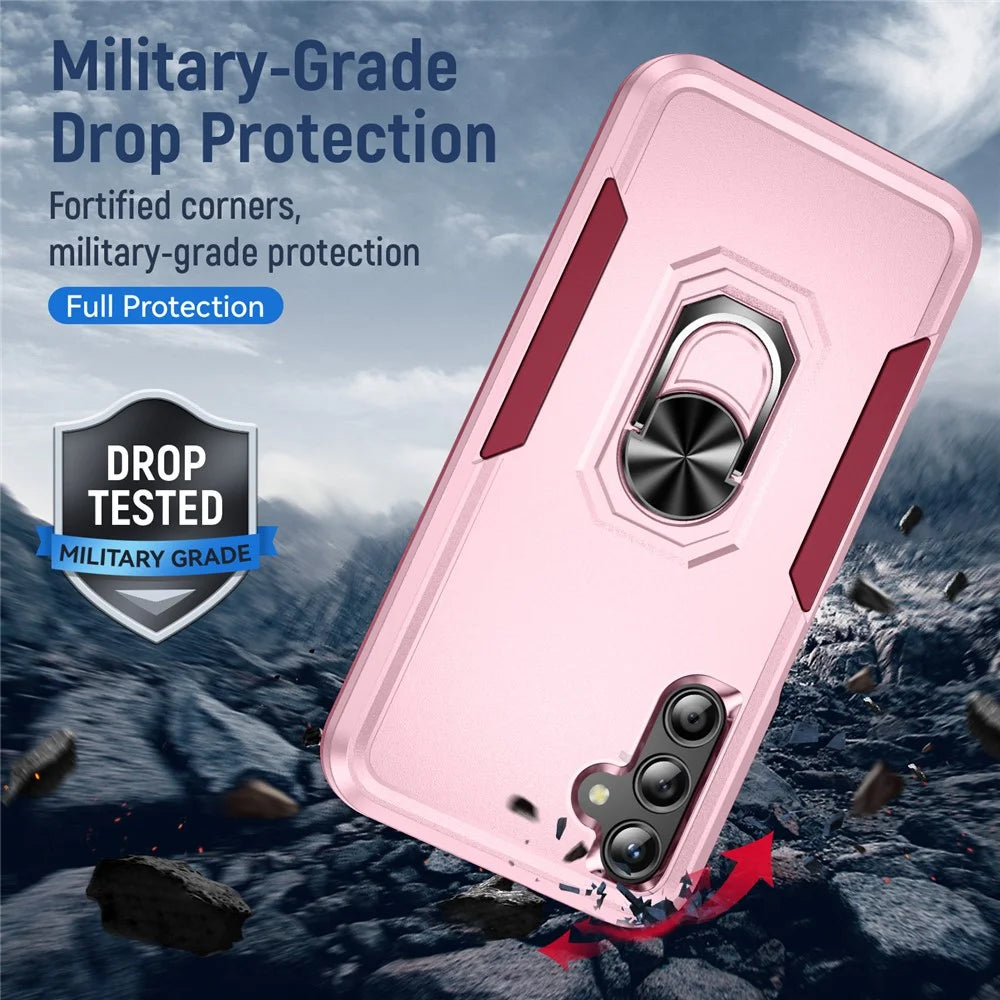 For Samsung Galaxy A25 5G (Global) (161.0 x 76.5 x 8.3mm) Case Military Grade Ring Kickstand PC+TPU Phone Cover - Pink+Rose - 7