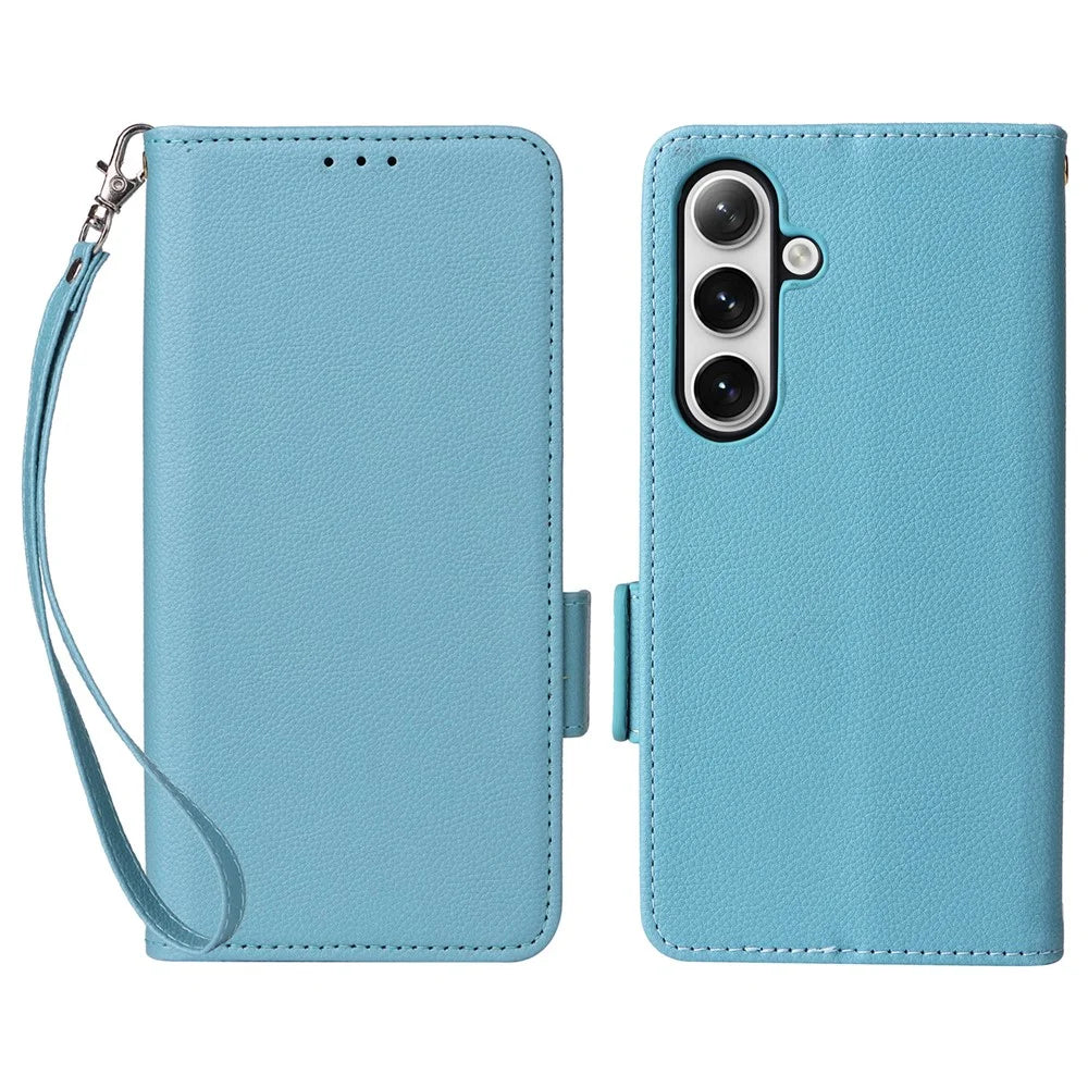 For Samsung Galaxy S25+ Case with Wrist Strap Litchi Texture PU Leather Wallet Phone Cover - Baby Blue - 1