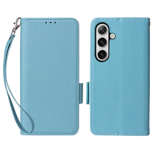 For Samsung Galaxy S25+ Case with Wrist Strap Litchi Texture PU Leather Wallet Phone Cover - Baby Blue - 1