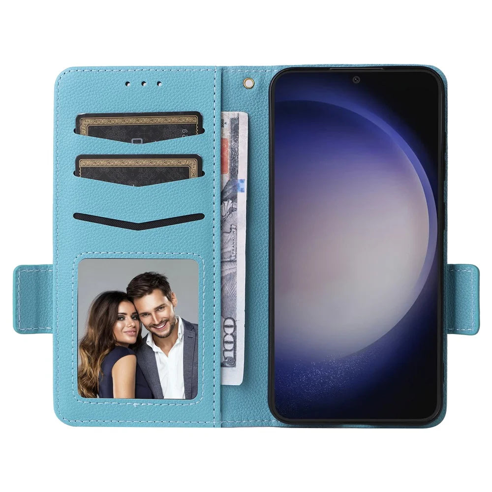 For Samsung Galaxy S25+ Case with Wrist Strap Litchi Texture PU Leather Wallet Phone Cover - Baby Blue - 2