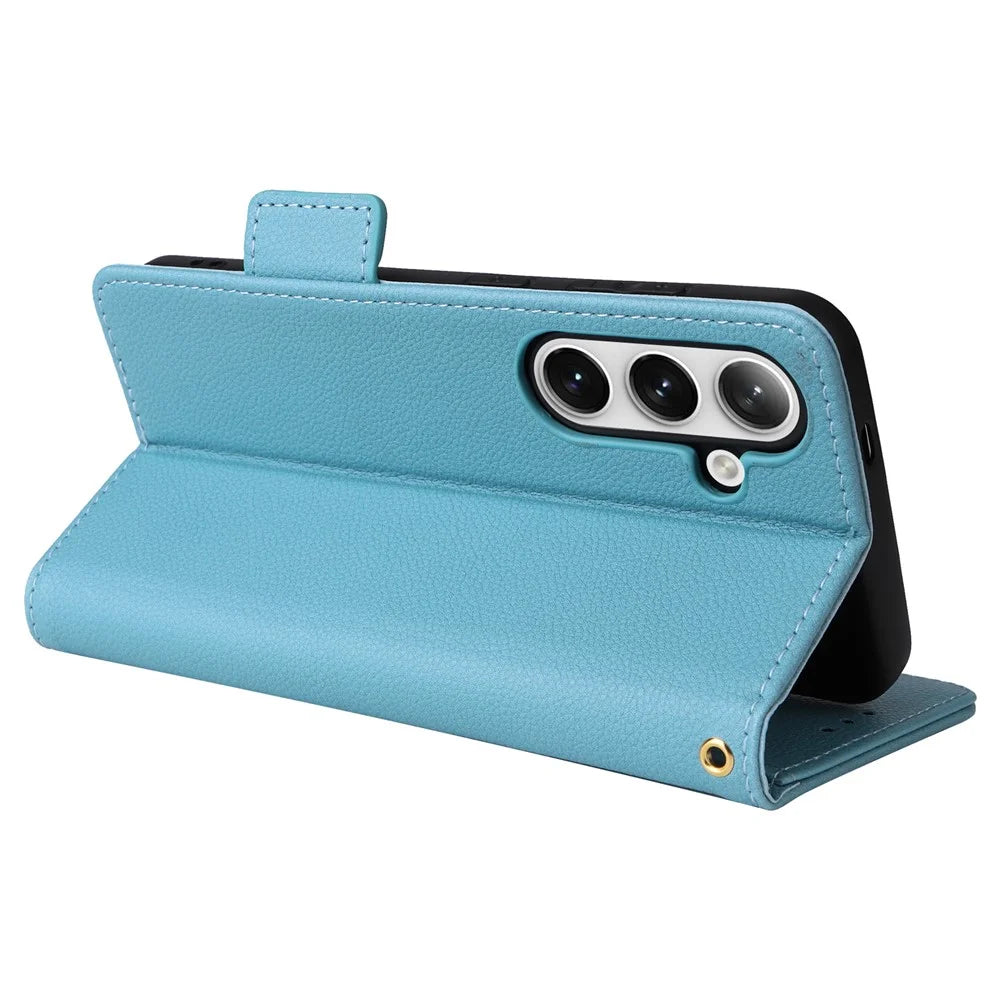 For Samsung Galaxy S25+ Case with Wrist Strap Litchi Texture PU Leather Wallet Phone Cover - Baby Blue - 4