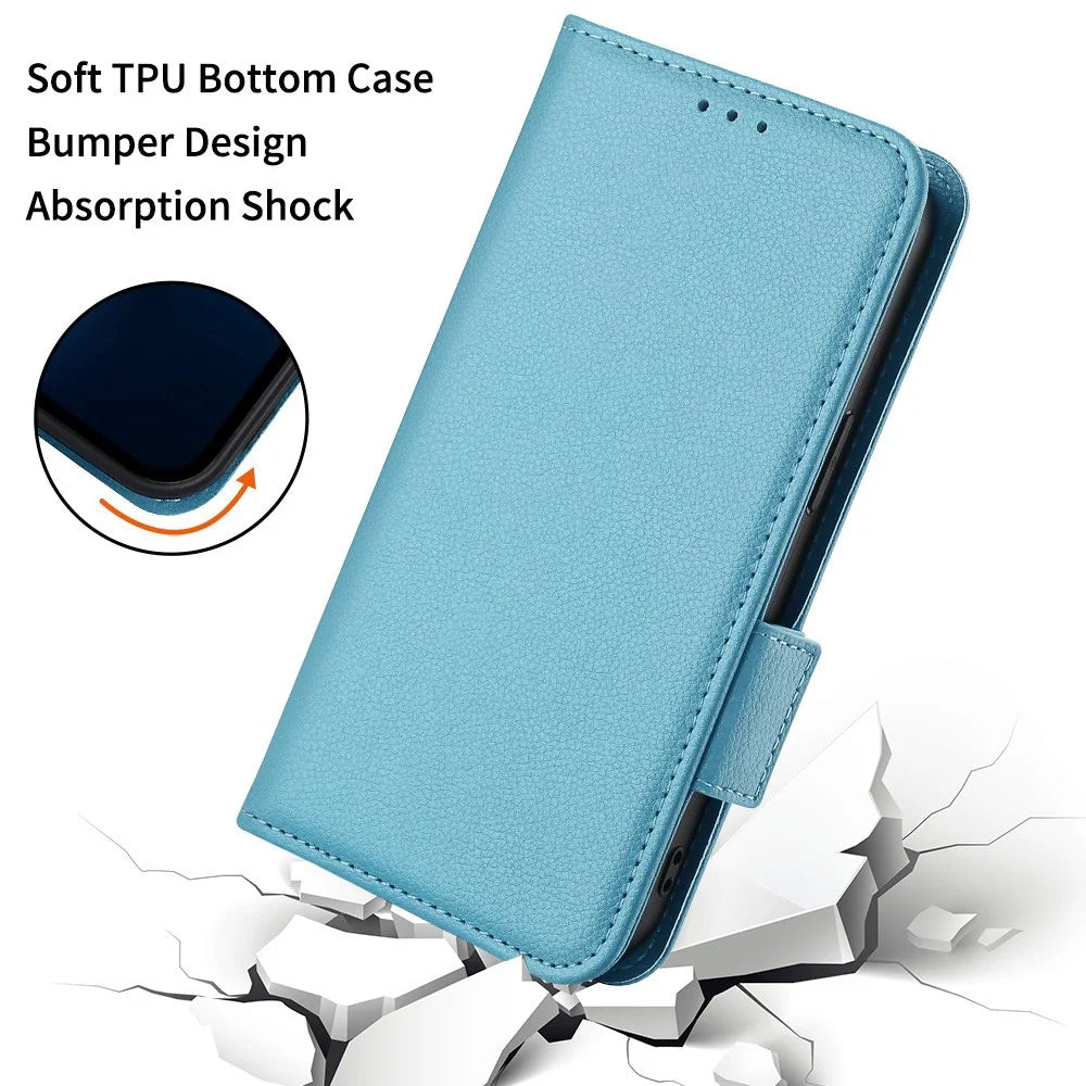 For Samsung Galaxy S25+ Case with Wrist Strap Litchi Texture PU Leather Wallet Phone Cover - Baby Blue - 5