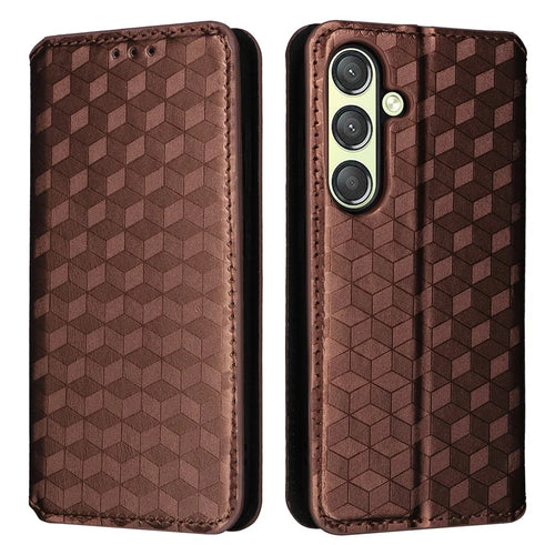 For Samsung Galaxy S25+ Case Wallet Rhombus Imprinted Leather Phone Cover - Brown - 1