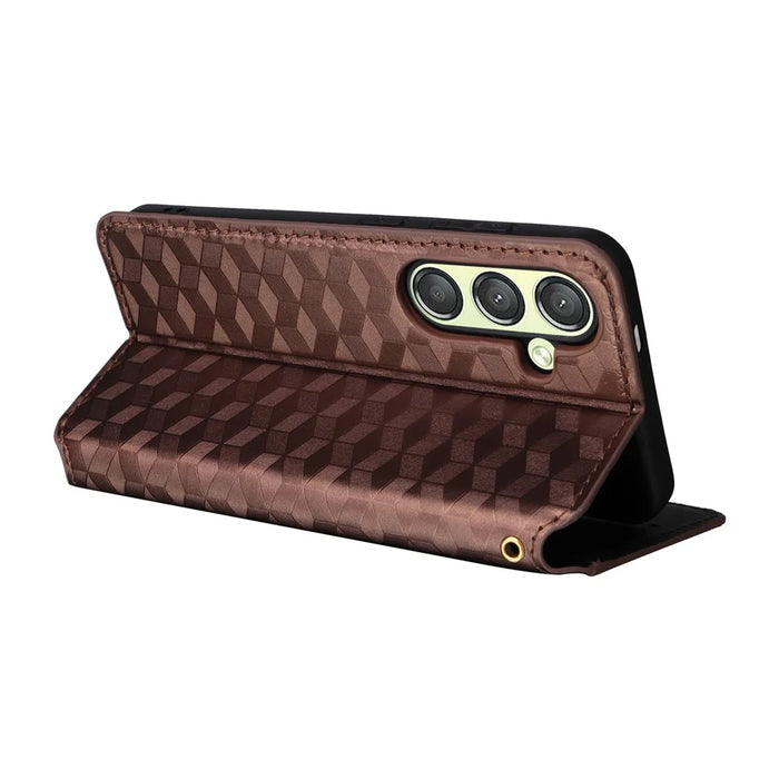 For Samsung Galaxy S25+ Case Wallet Rhombus Imprinted Leather Phone Cover - Brown - 4
