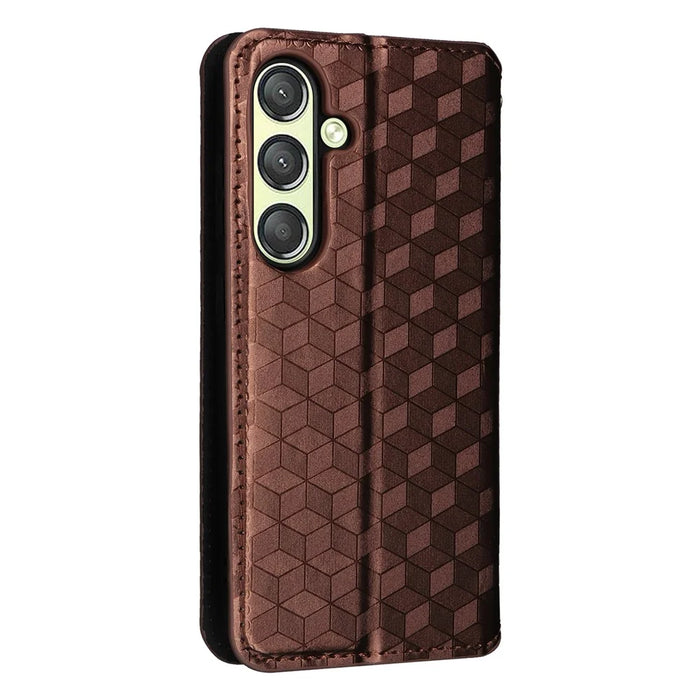 For Samsung Galaxy S25+ Case Wallet Rhombus Imprinted Leather Phone Cover - Brown - 6