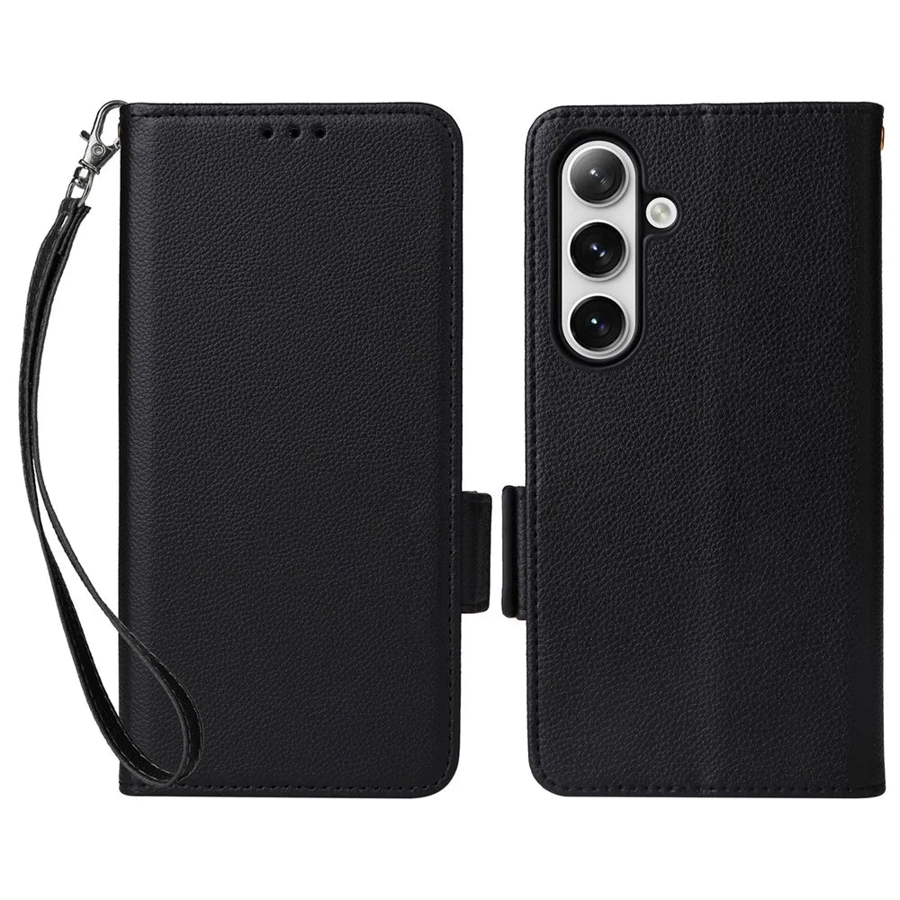For Samsung Galaxy S25 Case with Wrist Strap Litchi Texture PU Leather Wallet Phone Cover - Black - 1
