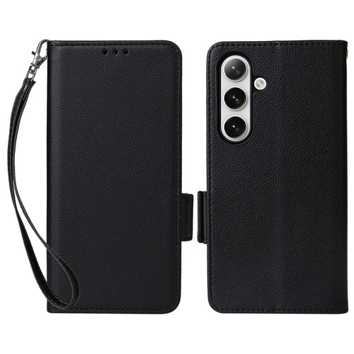 For Samsung Galaxy S25 Case with Wrist Strap Litchi Texture PU Leather Wallet Phone Cover - Black - 1