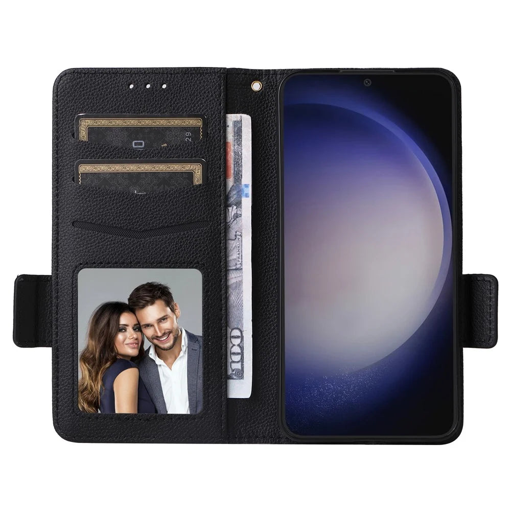 For Samsung Galaxy S25 Case with Wrist Strap Litchi Texture PU Leather Wallet Phone Cover - Black - 2
