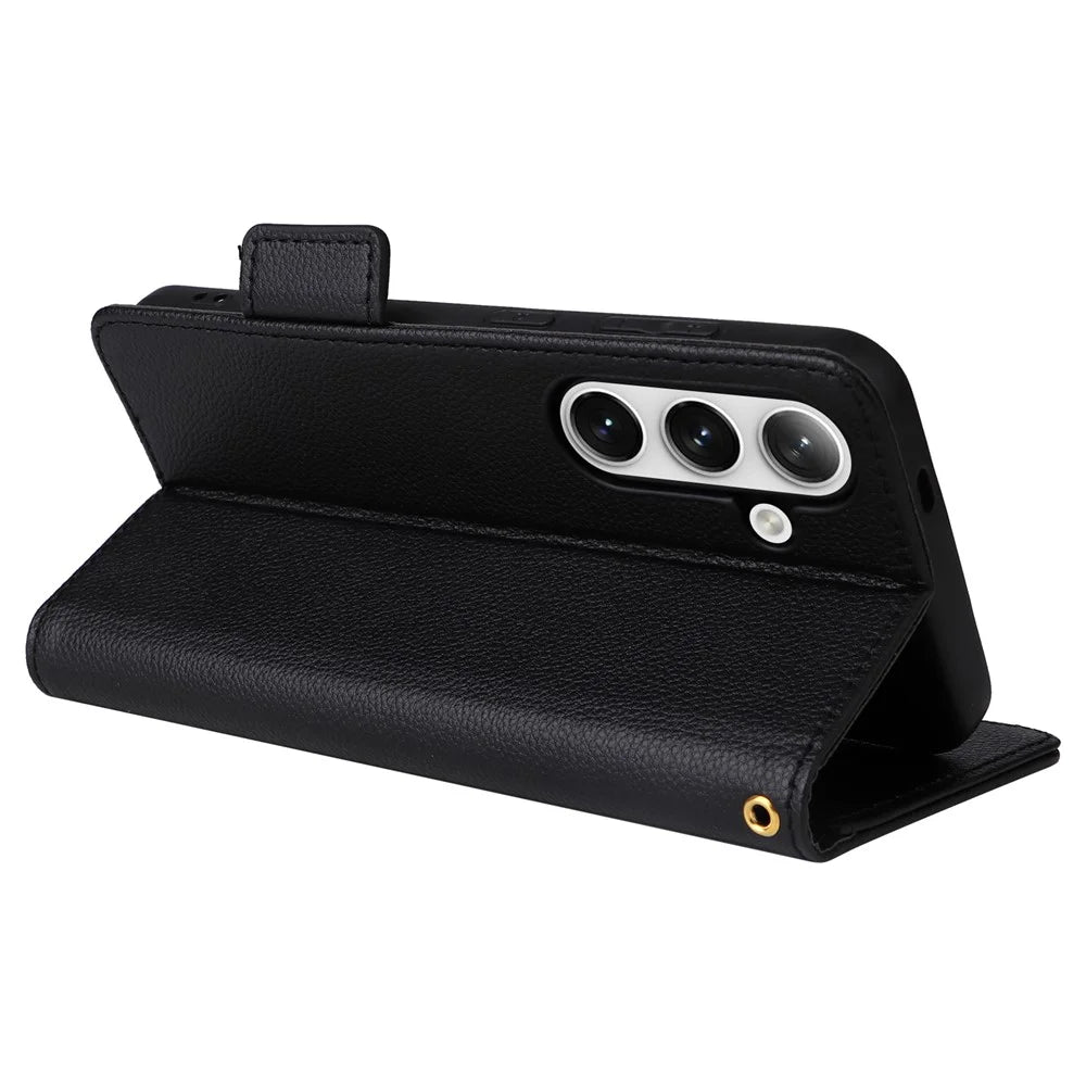 For Samsung Galaxy S25 Case with Wrist Strap Litchi Texture PU Leather Wallet Phone Cover - Black - 4