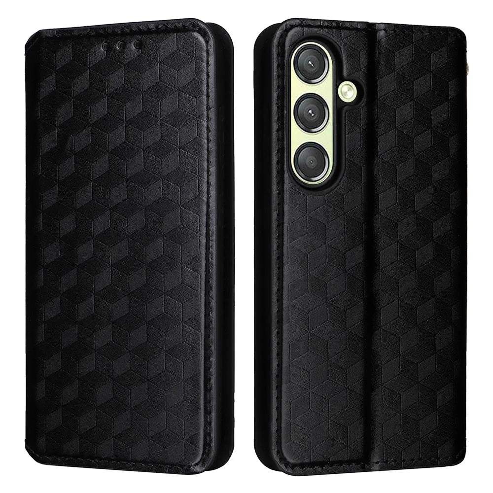 For Samsung Galaxy S25 Case Wallet Rhombus Imprinted Leather Phone Cover - Black - 1