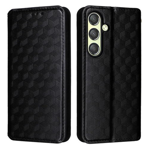 For Samsung Galaxy S25 Case Wallet Rhombus Imprinted Leather Phone Cover - Black - 1